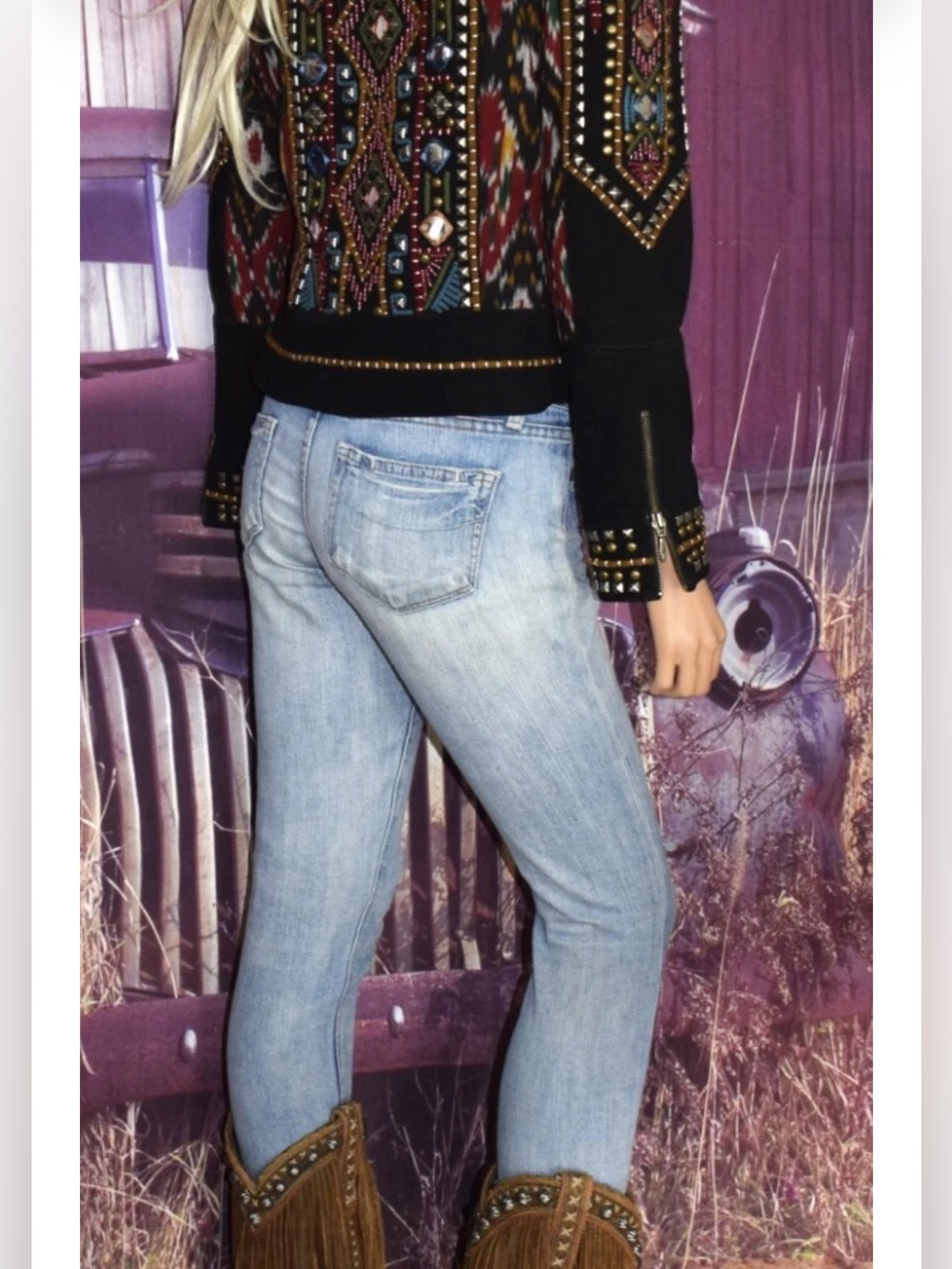 Double D Ranch High Mountain Boho Studded Leather Jacket Size Large - Picture 5 of 11